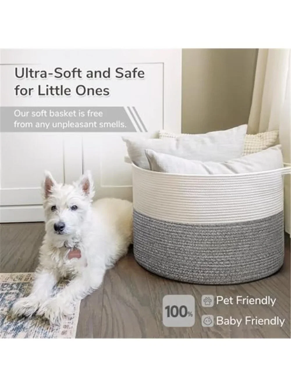 New XXXLarge Woven Rope Blanket Basket Living Room Light Grey, 90L